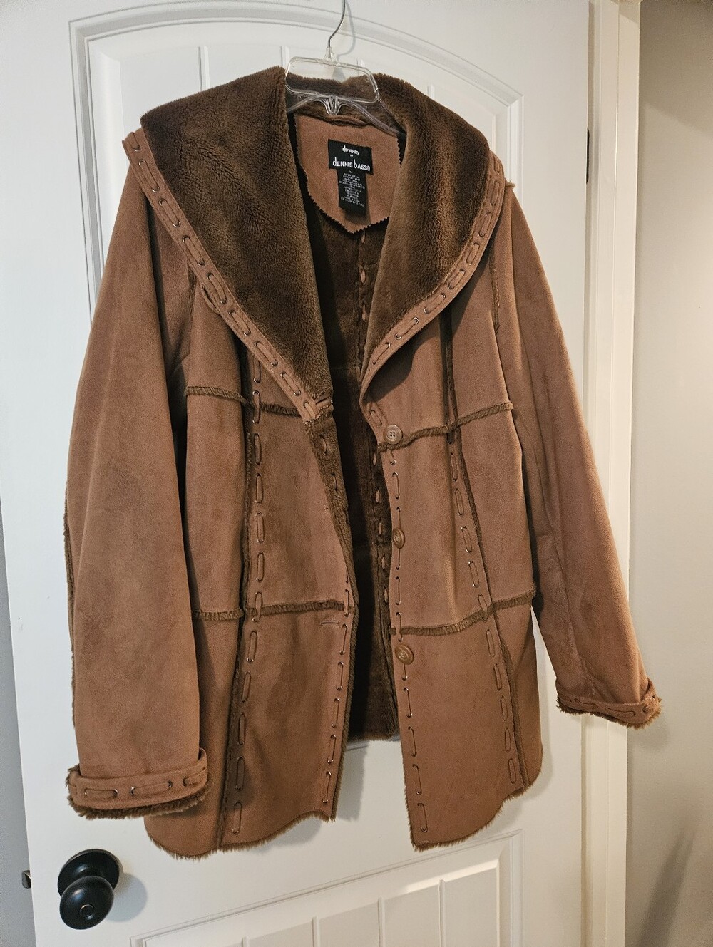 Dennis Basso Chestnut Brown Suede Shearling Coat Medium